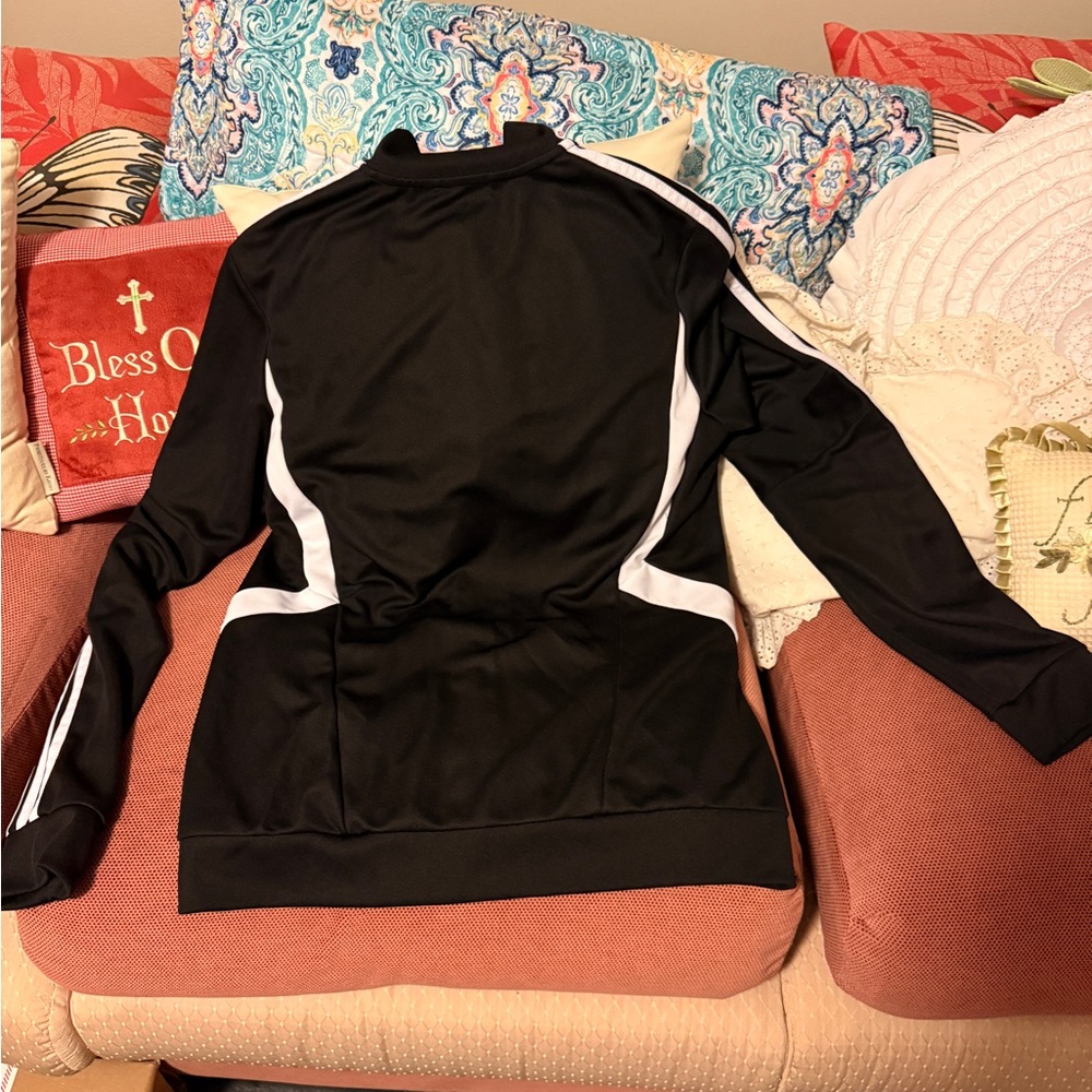 Adidas Women's Black Bomber Jacket with White Stripes - Picture 4 of 6